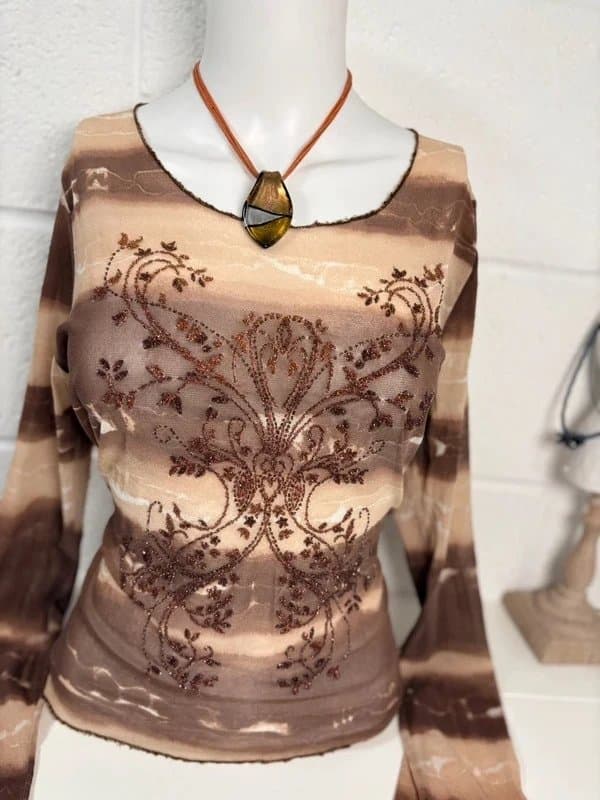New Look Y2k 2000s Old Label New Look Brown Boho Sequin Embellished Mesh Long Sleeve Top Size 12