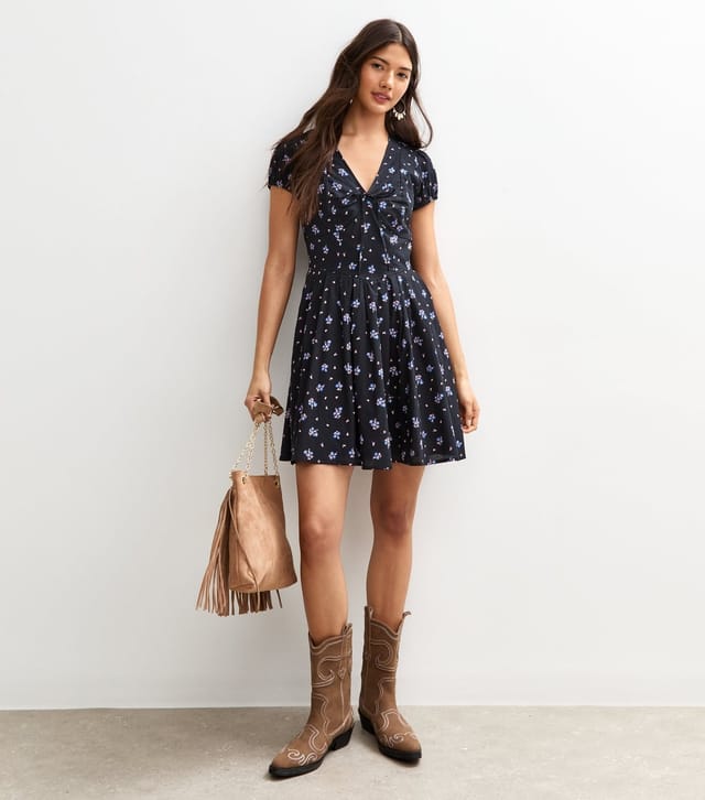 New Look Women's Black Floral Print Tie V-Neck Mini Dress New Look - 2