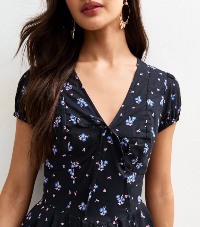 New Look Women's Black Floral Print Tie V-Neck Mini Dress New Look - 3