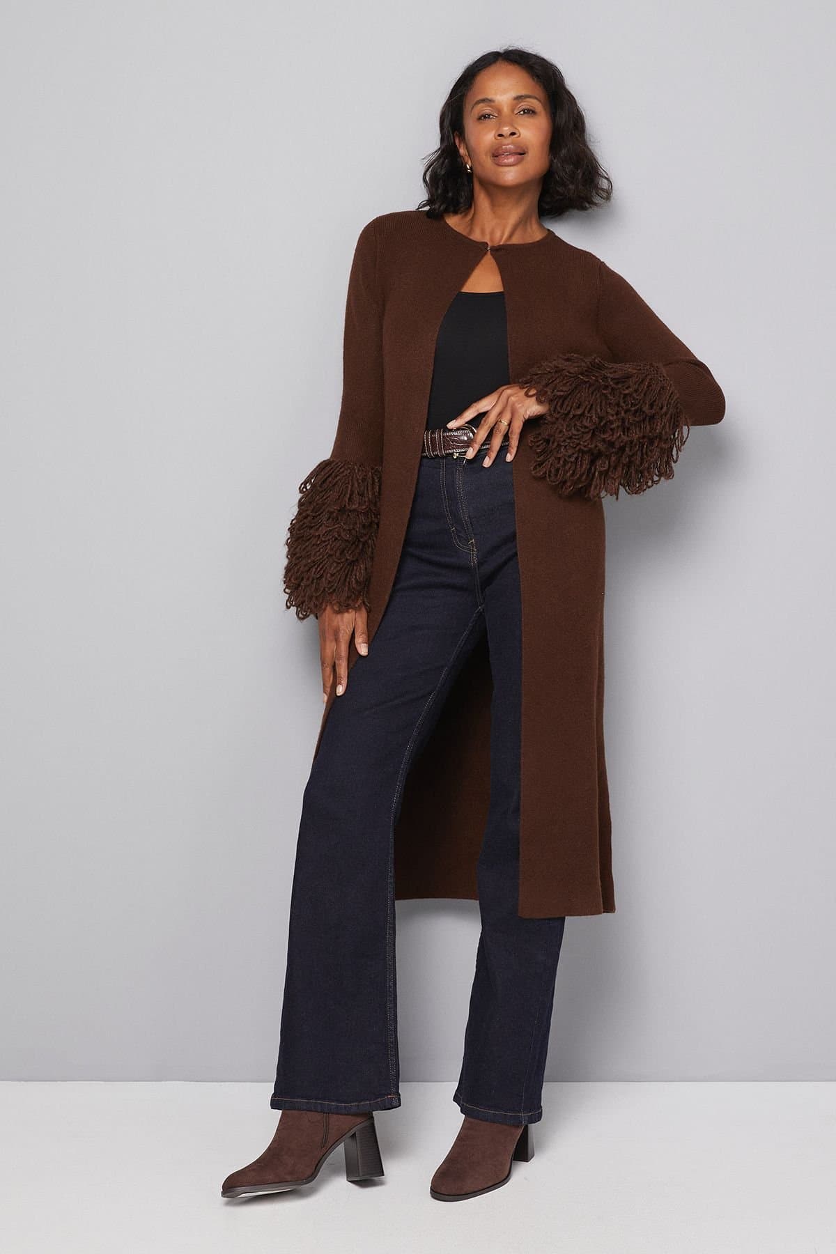 Wallis Wallis Women's Loop Knit Cuff Coatigan in Choc Brown