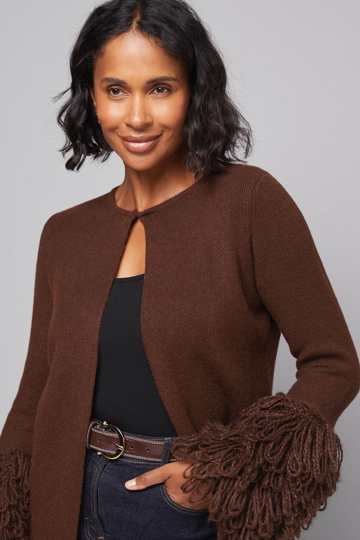 Wallis Wallis Women's Loop Knit Cuff Coatigan in Choc Brown - 3