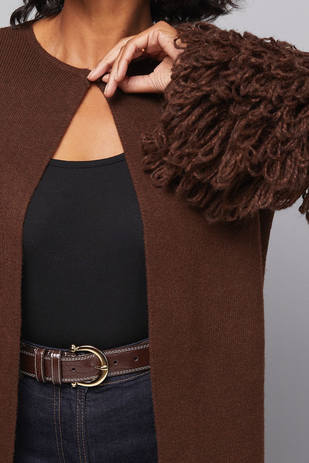 Wallis Wallis Women's Loop Knit Cuff Coatigan in Choc Brown - 4