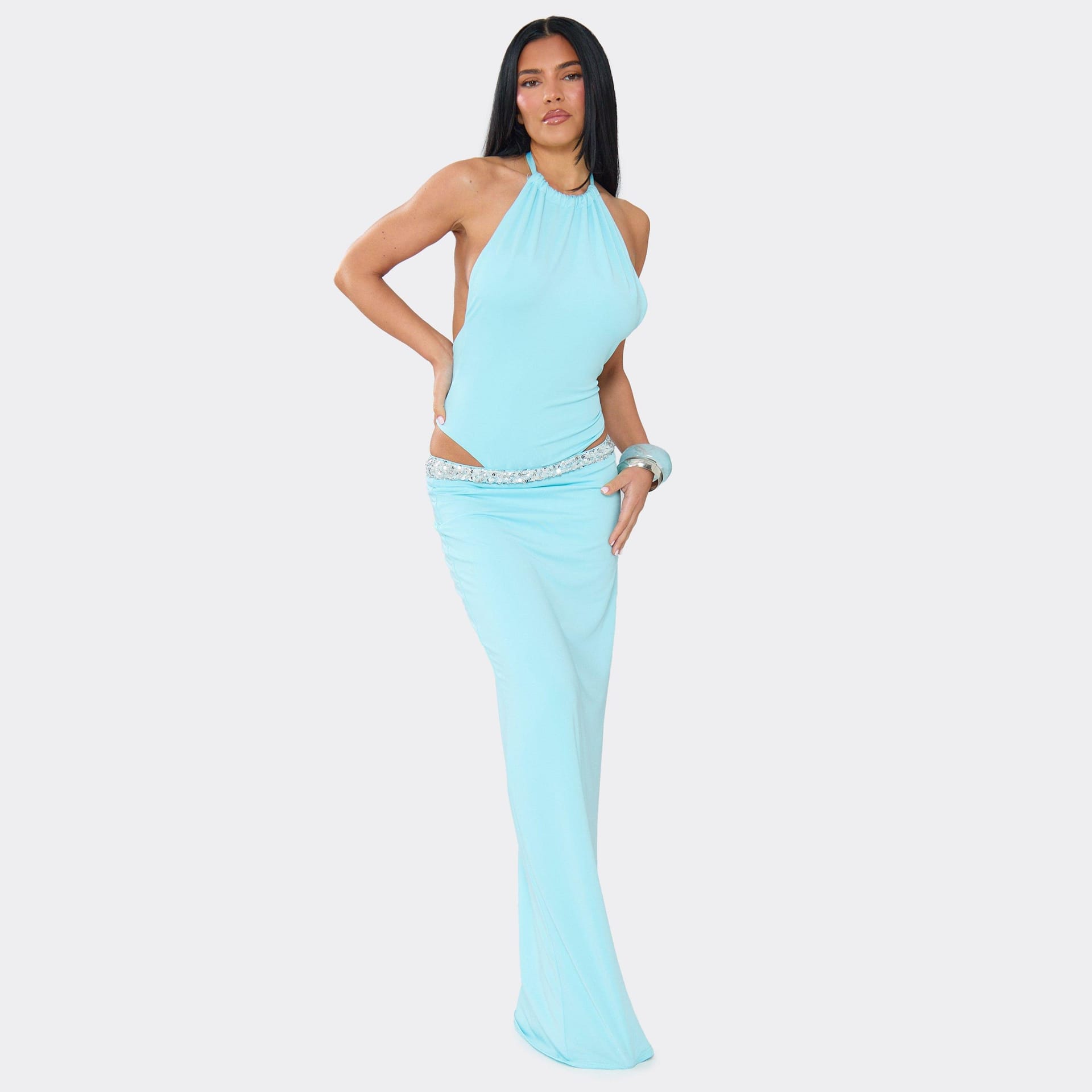 EGO Blue Sequin Halter Maxi Dress