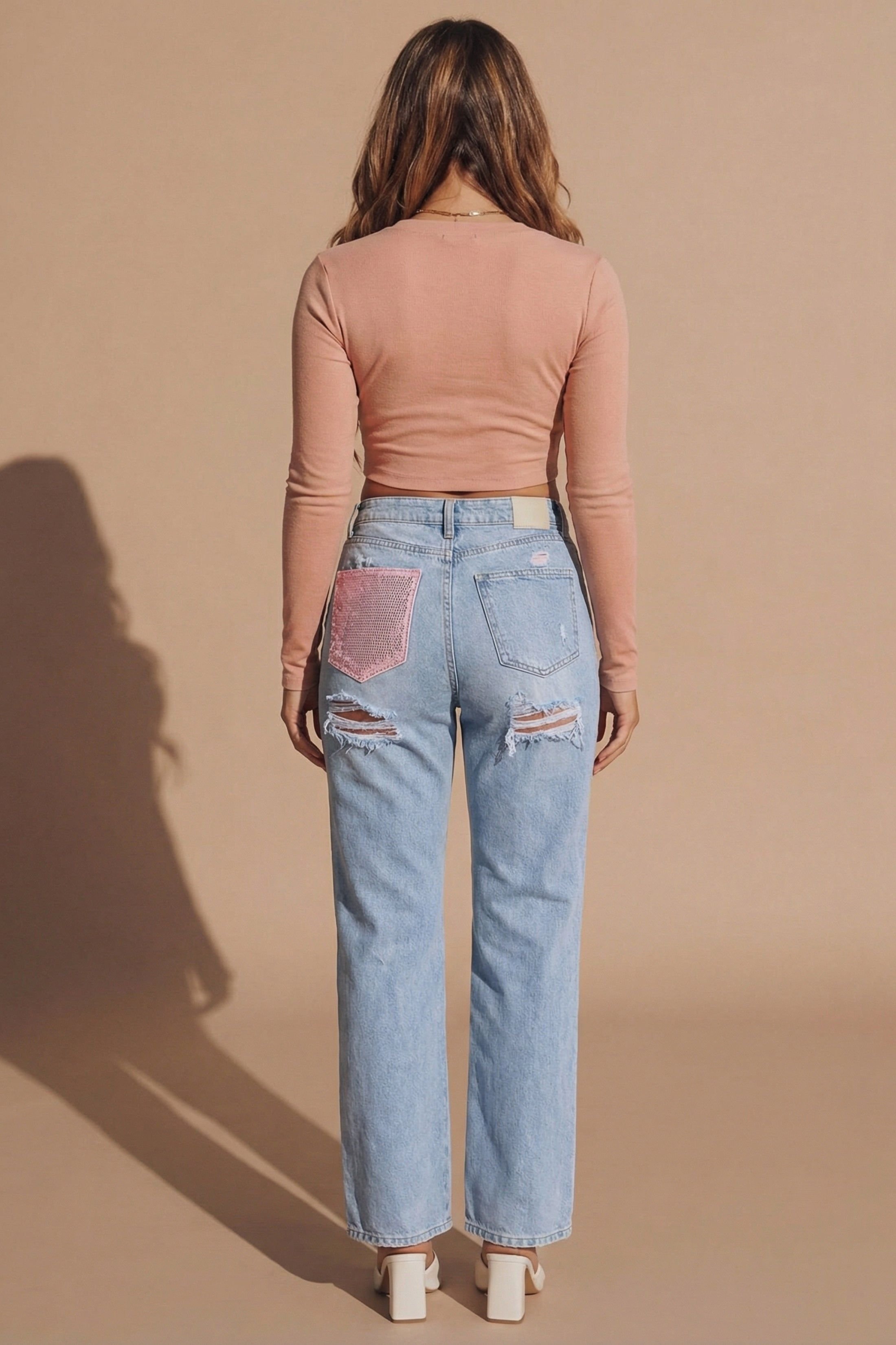 Femme Luxe Femme Luxe Women's Distressed With Rhinestone Back Pink Pocket Jean in Light Blue - 3