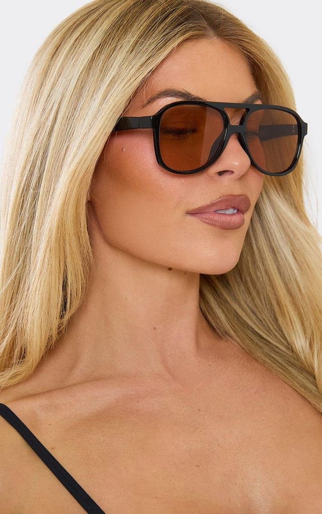 EGO Thin Frame Orange Tinted Lense Aviator Sunglasses In Black, Women's Size UK 0 - 2