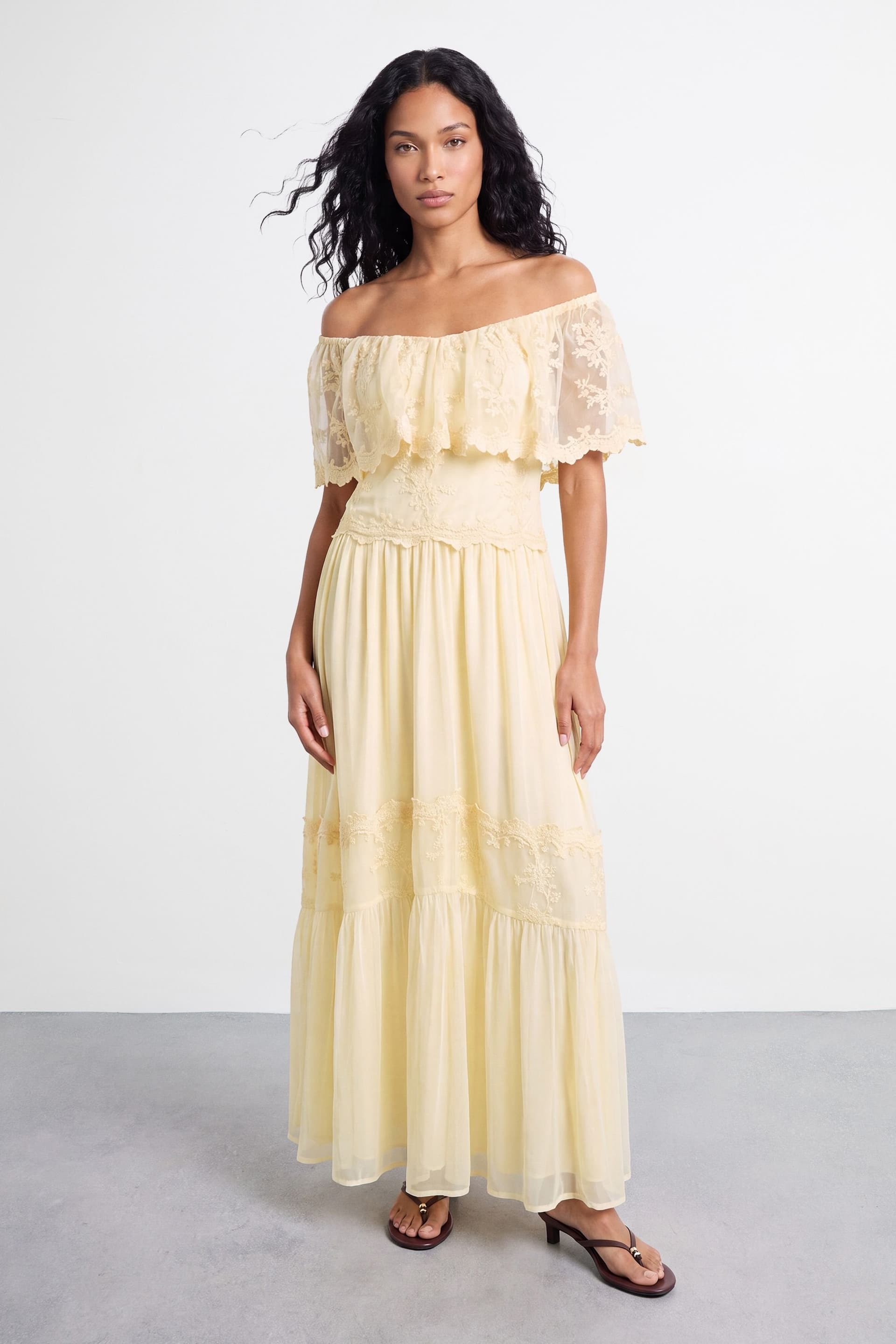 Warehouse Warehouse Women's V Neck Ruffle Tulle Embroidered Maxi Dress in Lemon