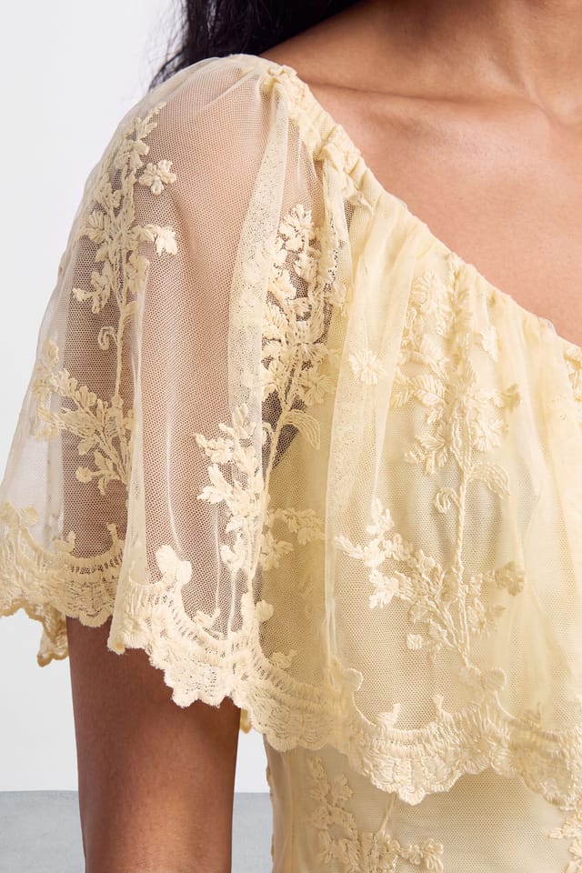Warehouse Warehouse Women's V Neck Ruffle Tulle Embroidered Maxi Dress in Lemon - 2