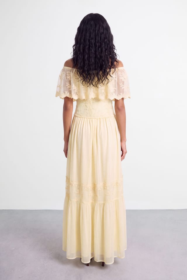 Warehouse Warehouse Women's V Neck Ruffle Tulle Embroidered Maxi Dress in Lemon - 3