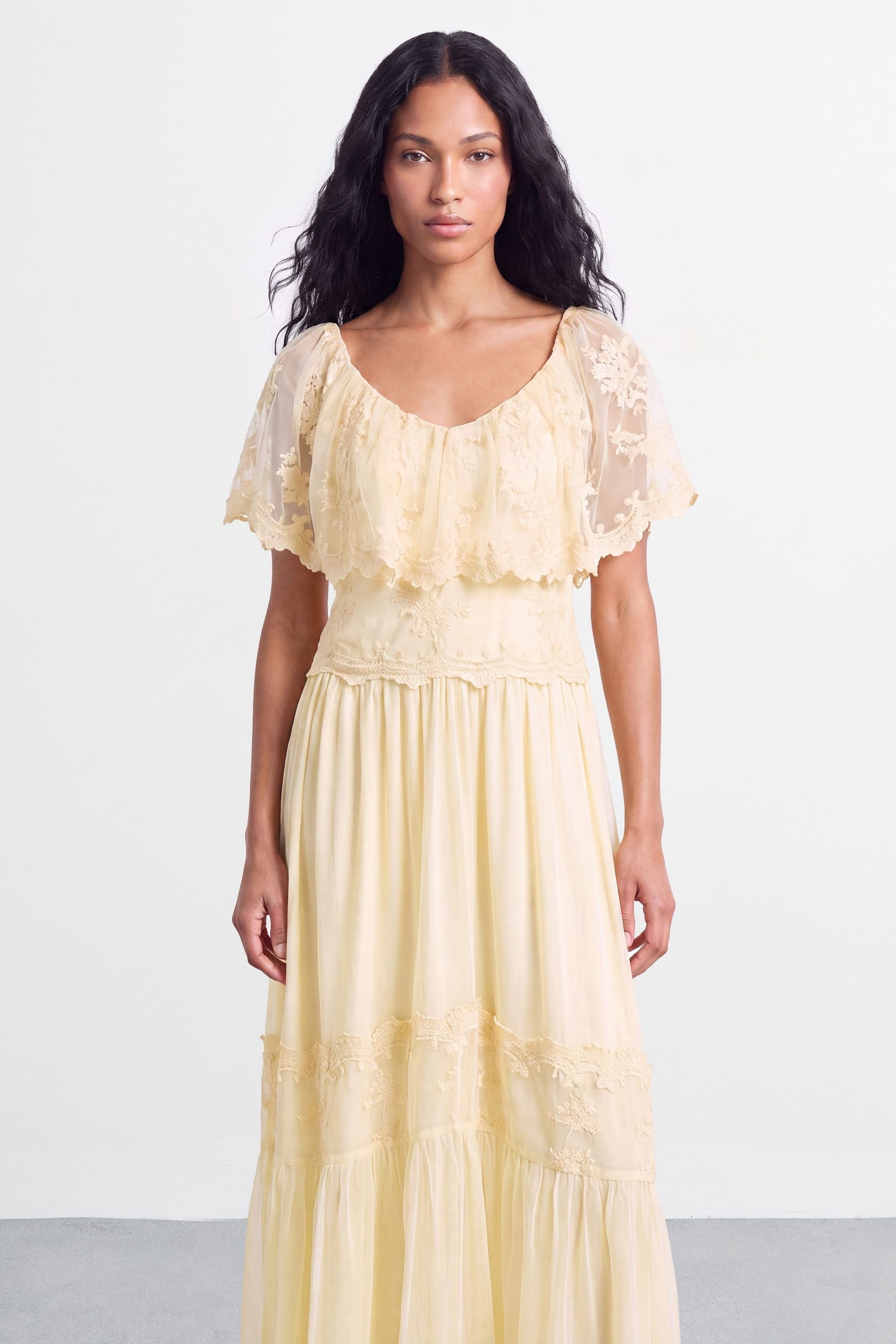 Warehouse Warehouse Women's V Neck Ruffle Tulle Embroidered Maxi Dress in Lemon - 4