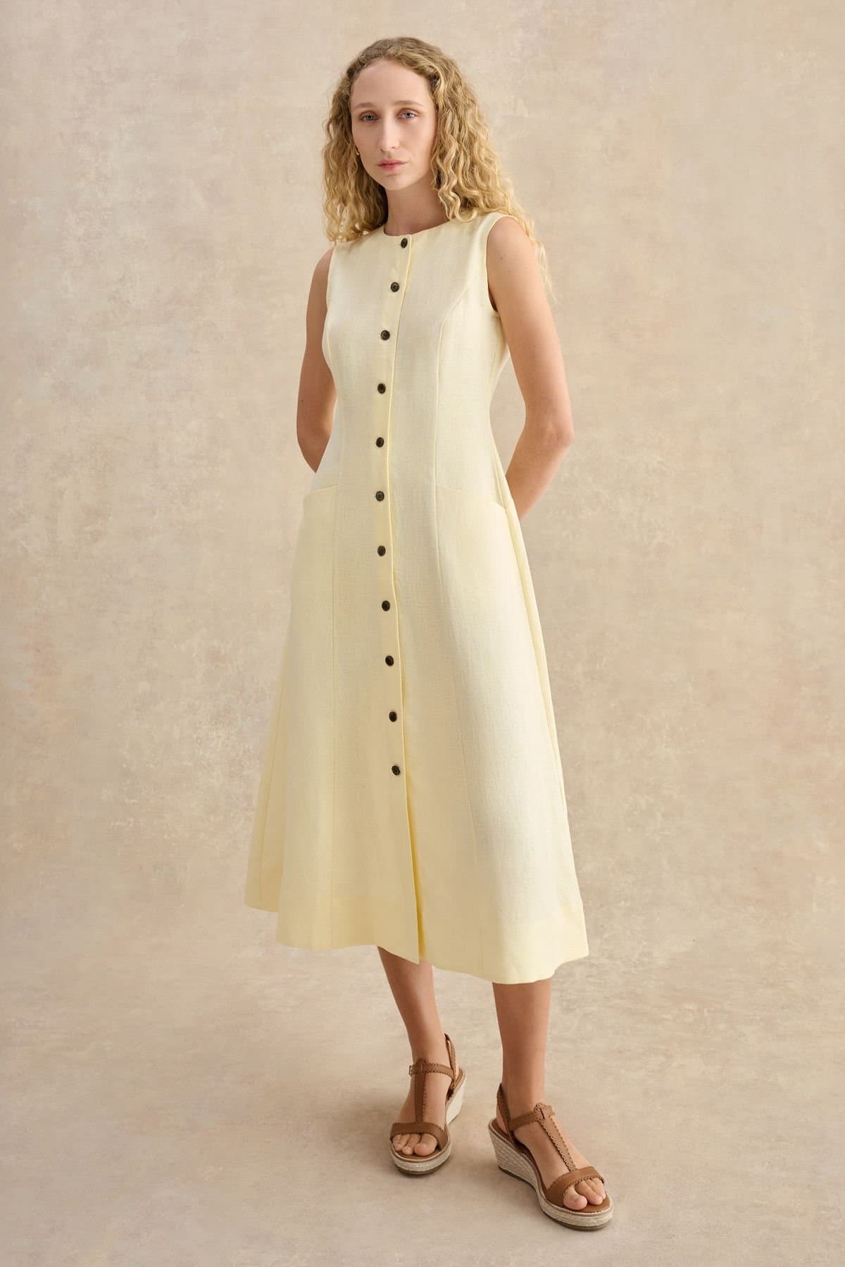 Hobbs London Hobbs London Women's Carmen Sleeveless Button Front Dress in Lemon