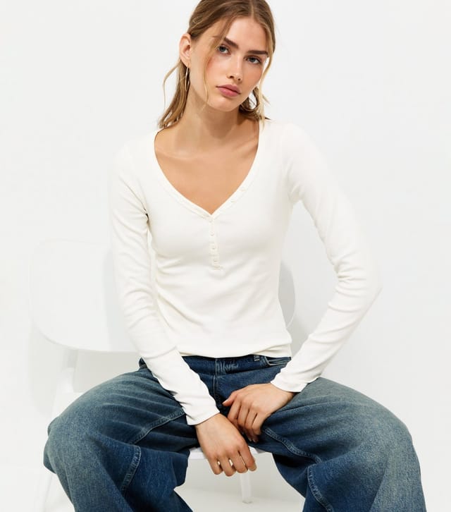 New Look Women's Cream Cotton Rich Long Sleeve Henley Top New Look - 2