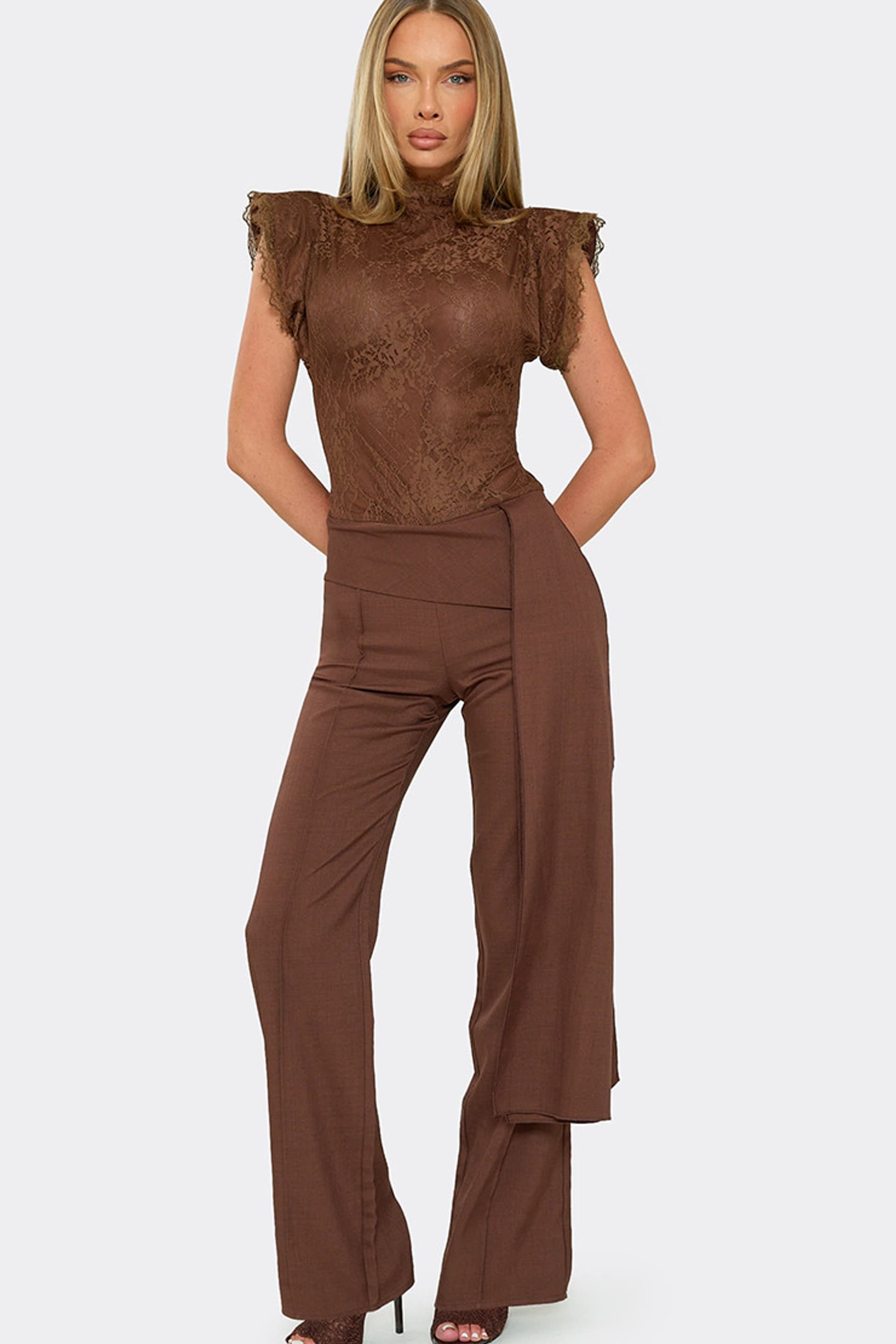 EGO EGO Women's Sleeveless High Neck Drape Contrast Lace Jumpsuit in Dark Brown