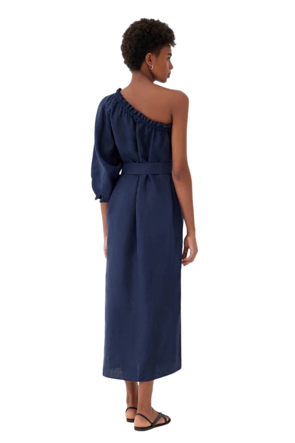 Labeca Labeca Women's Sardinia Linen One Shoulder Dress in Dark Blue - 2