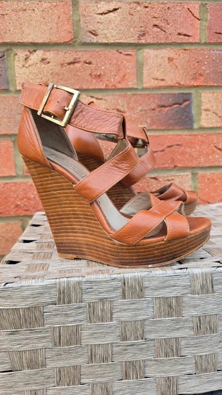 Topshop Leather Platform Wedge Sandals Cognac Y2K Boho Festival Chunky Retro Spain UK 4.5/5