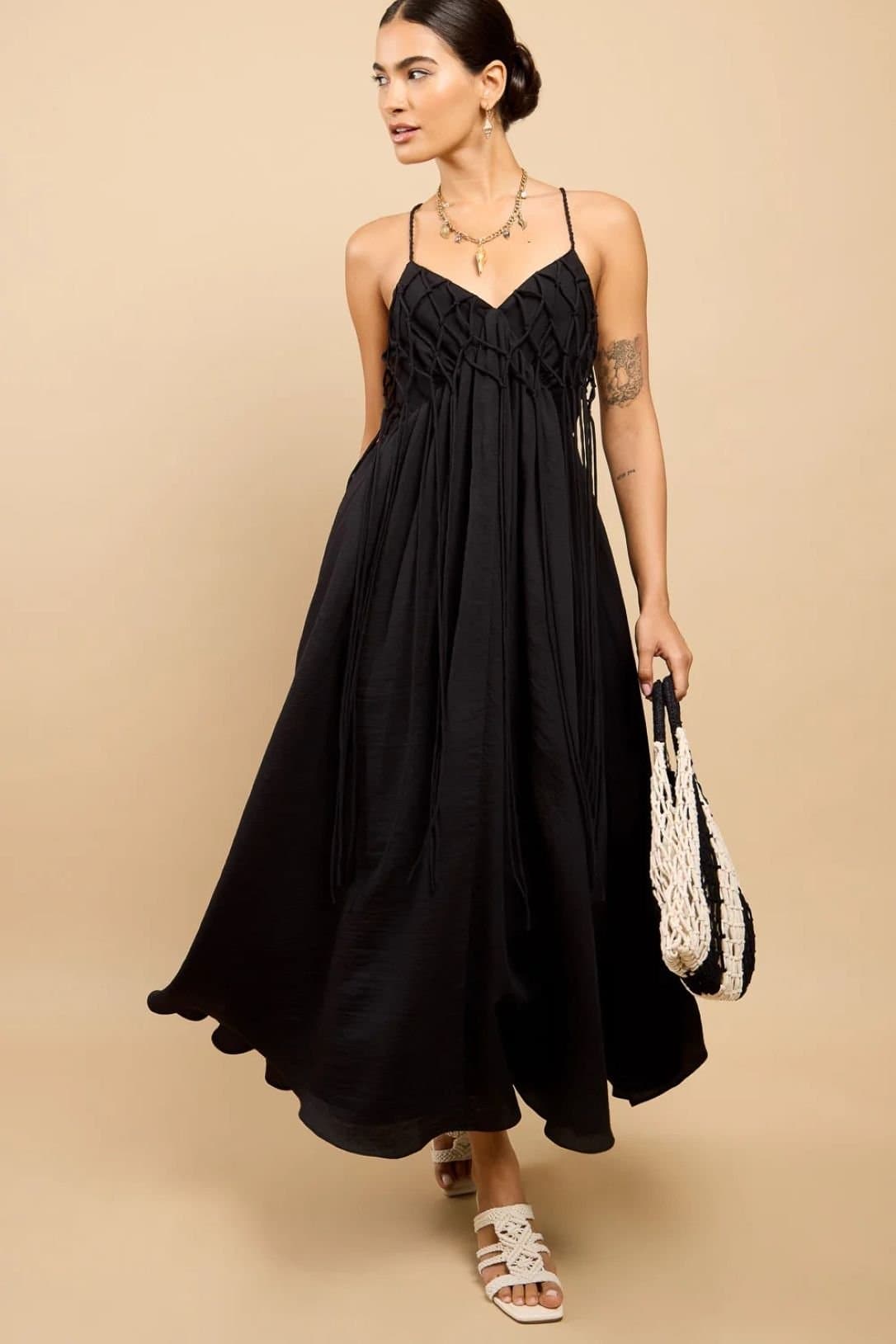 Little Mistress Little Mistress Women's Black Tassel Midaxi Dress