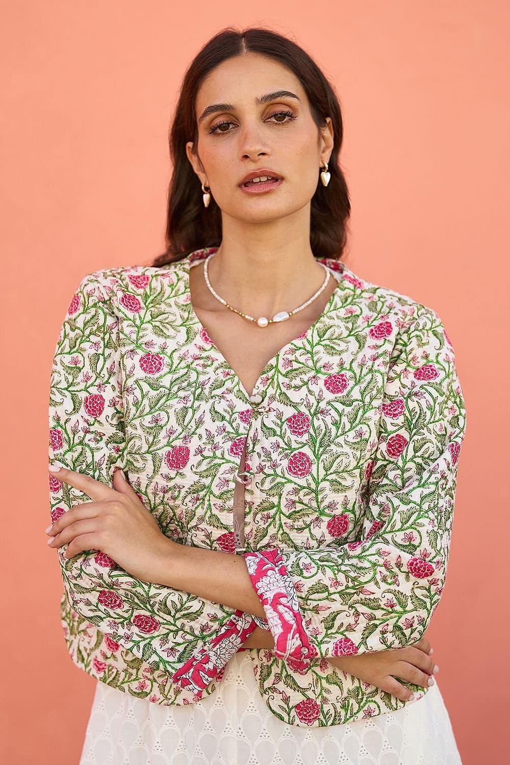 Yumi Yumi Women's White Floral Reversible Cotton Quilted Jacket