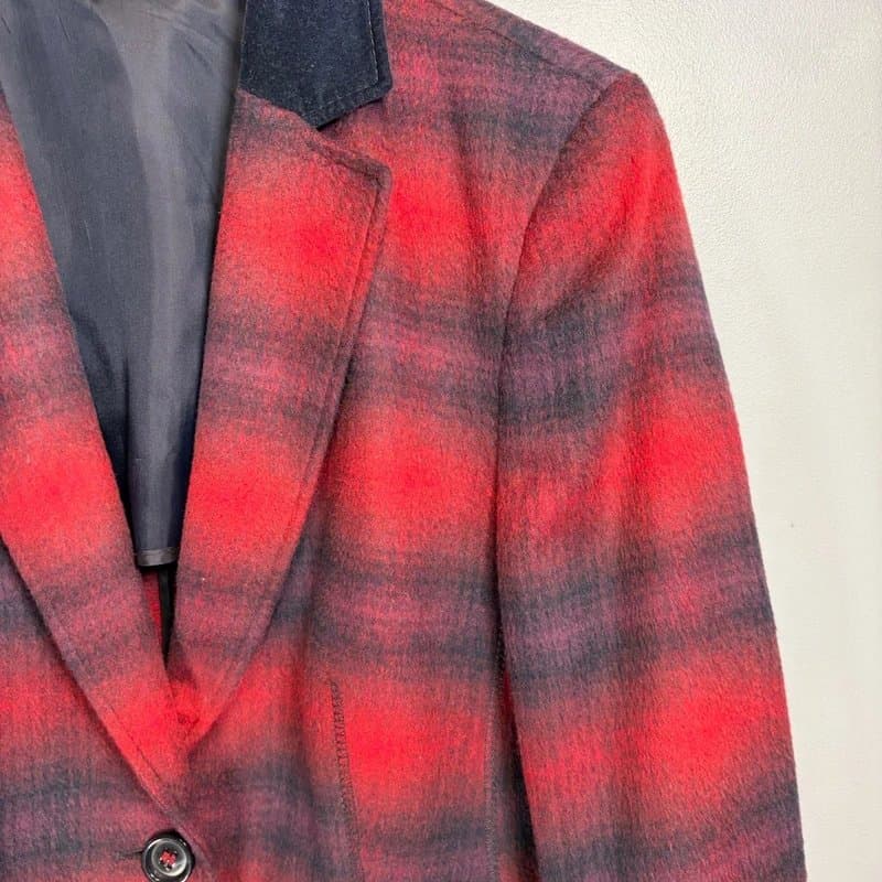 Basler Basler Jacket Size 16 42 Red Navy Tartan Check Wool Blend Single Breast Blazer
