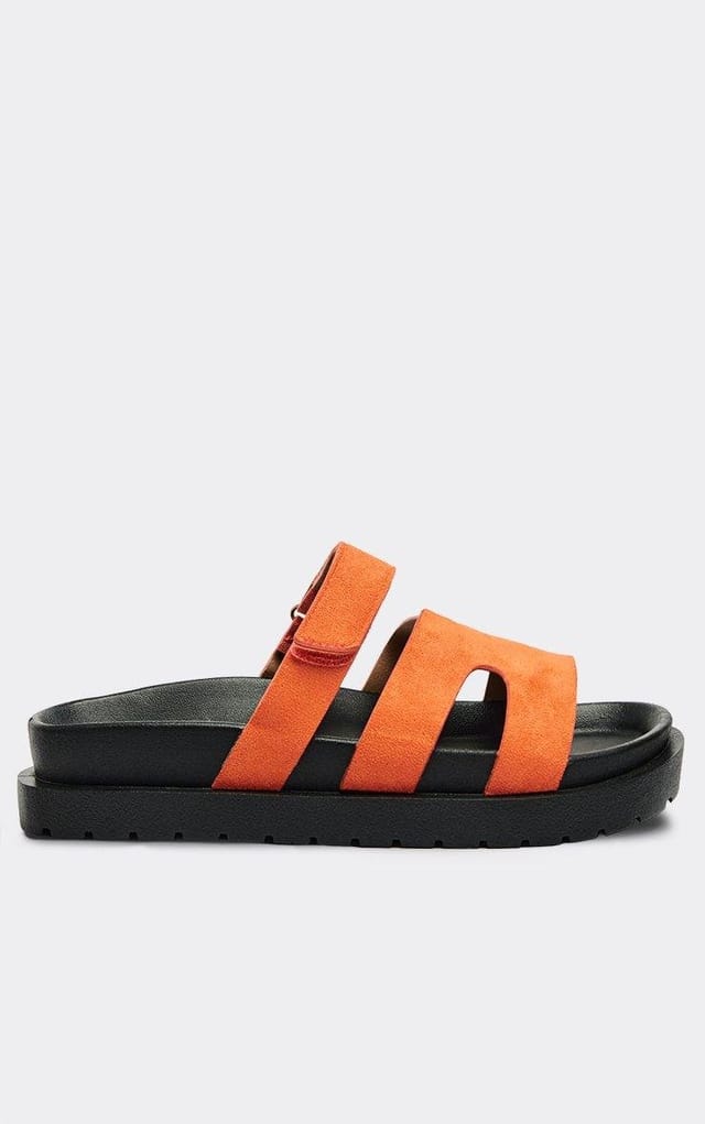 EGO Dawn Gladiator Velcro Strap Chunky Slider Sandal In Orange Faux Suede, Women's Size UK 3 - 2