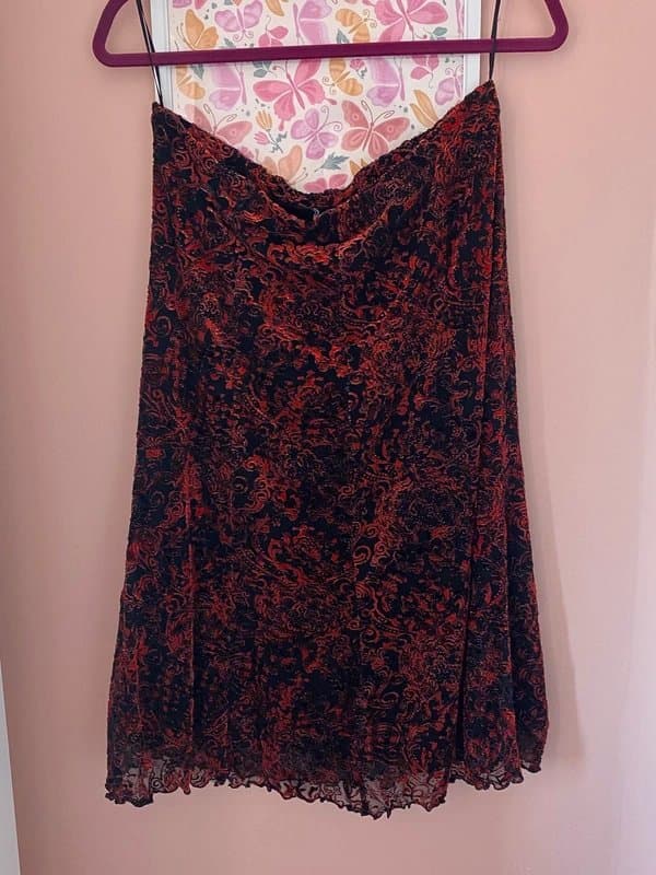 Bonmarché vintage 90s / y2k whimsigoth velvet bias skirt | stretchy, lettuce hem, lace effect | midi, witchy