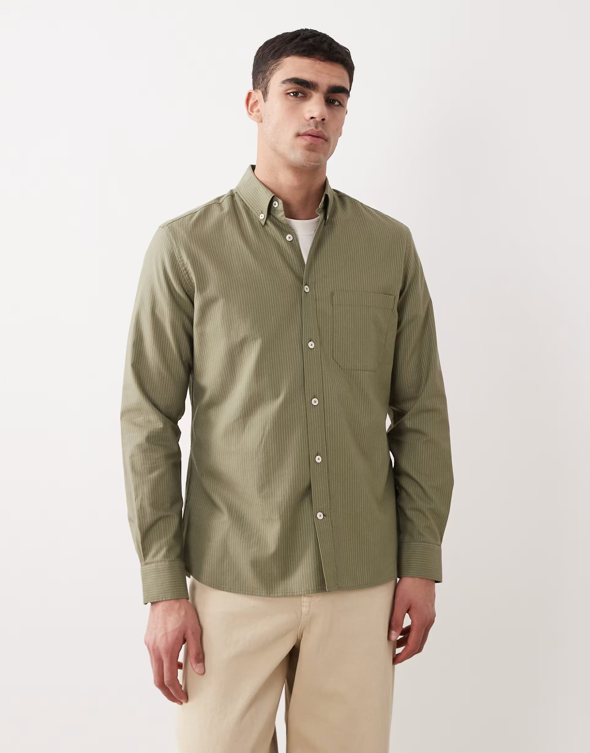 ASOS ASOS Olive Green Long Sleeve Striped Shirt