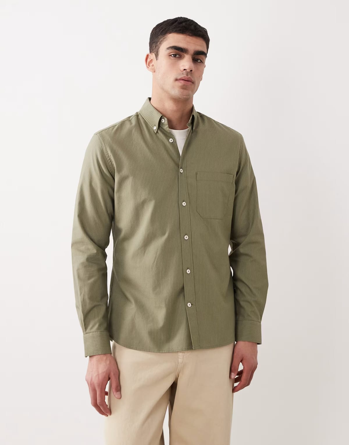 ASOS Mango 100% cotton long sleeve striped shirt in olive green - 1