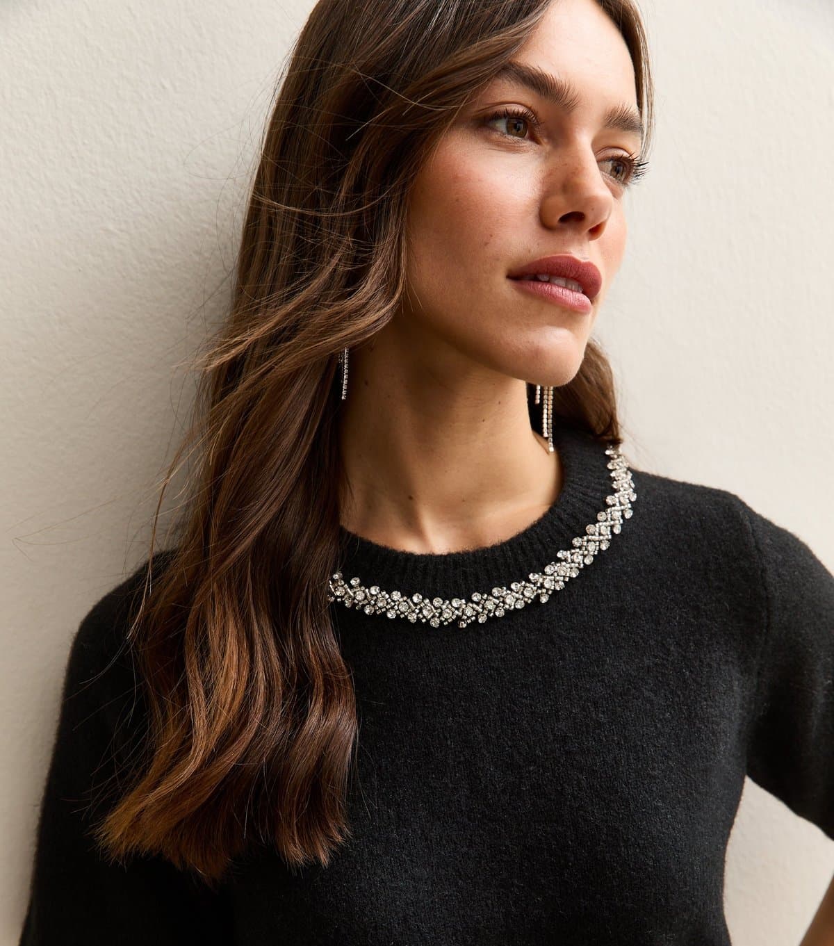 New Look Women's Petite Black Embellished Neckline Top New Look