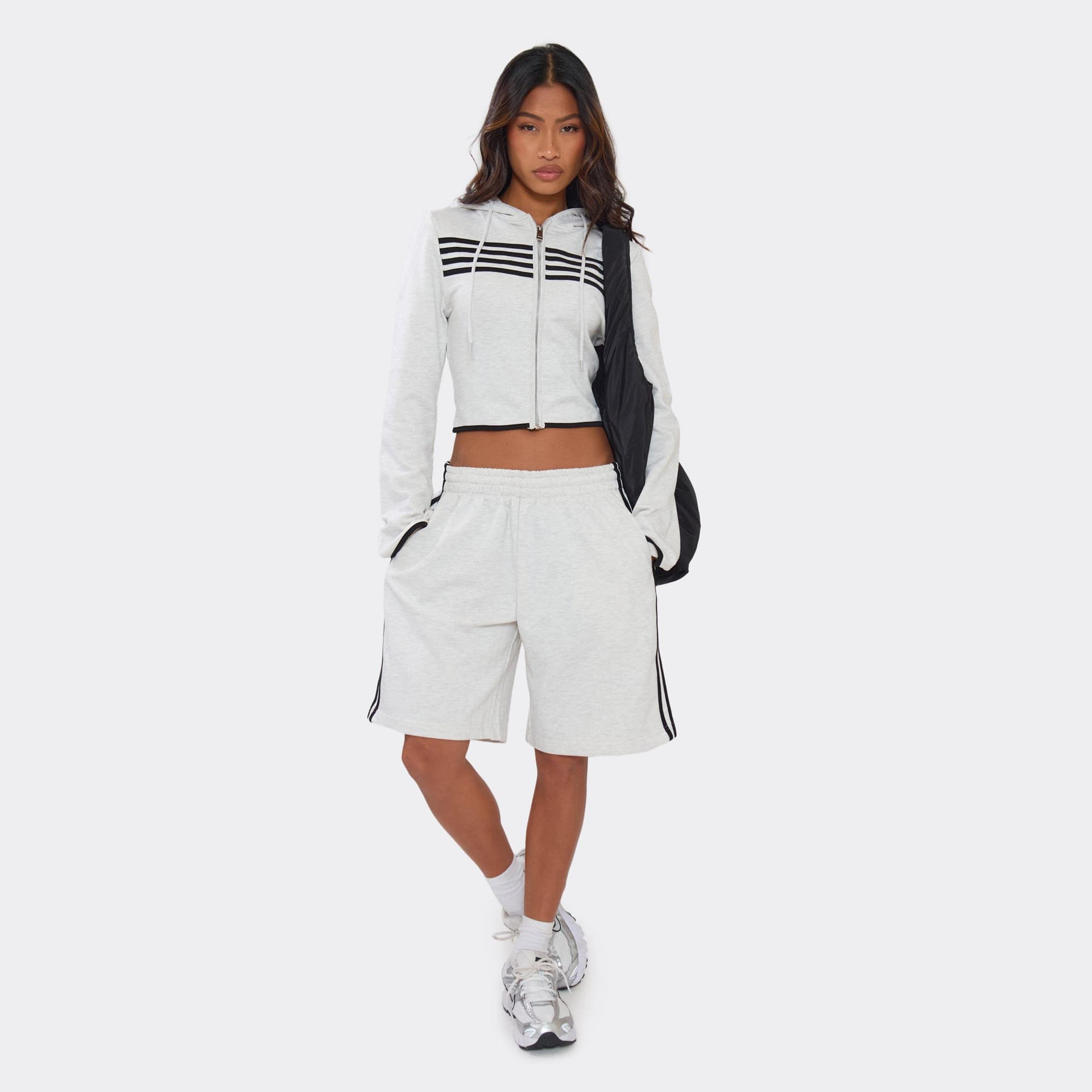 EGO Low Rise Side Stripe Detail Longline Sweat Shorts In Light Grey Marl, Women's Size UK 8