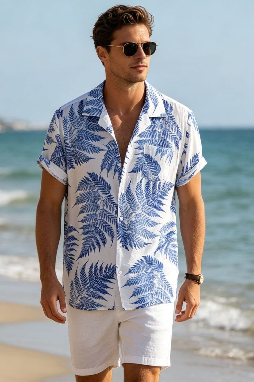 Lovii Men's Fern Print Short Sleeve Summer Beach Shirt