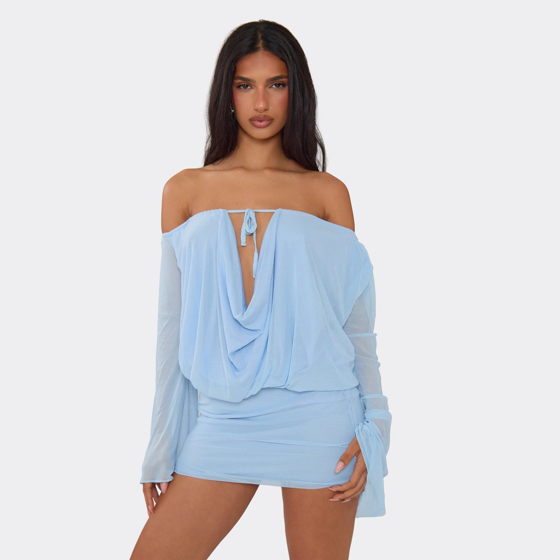 EGO Long Sleeve Asymmetric Neckline Tie Front Draped Blouson Dress In Baby Blue, Women's Size UK 6