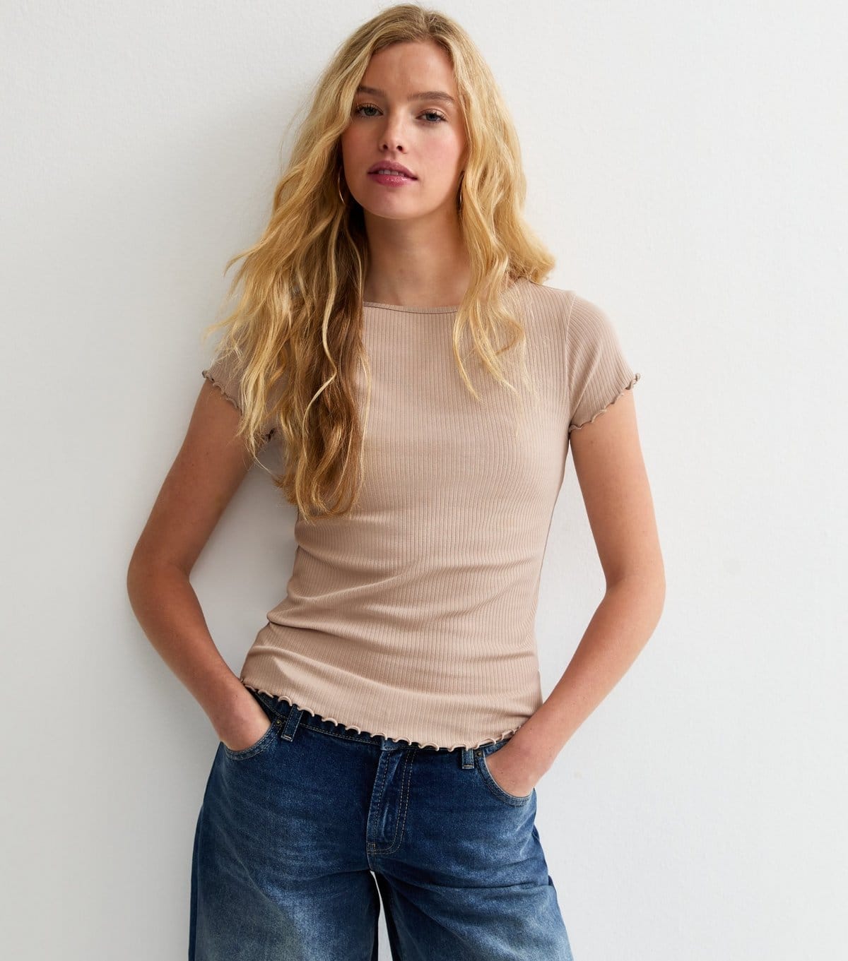 New Look Mink Ribbed Jersey Frilly Trim Short Sleeve Top