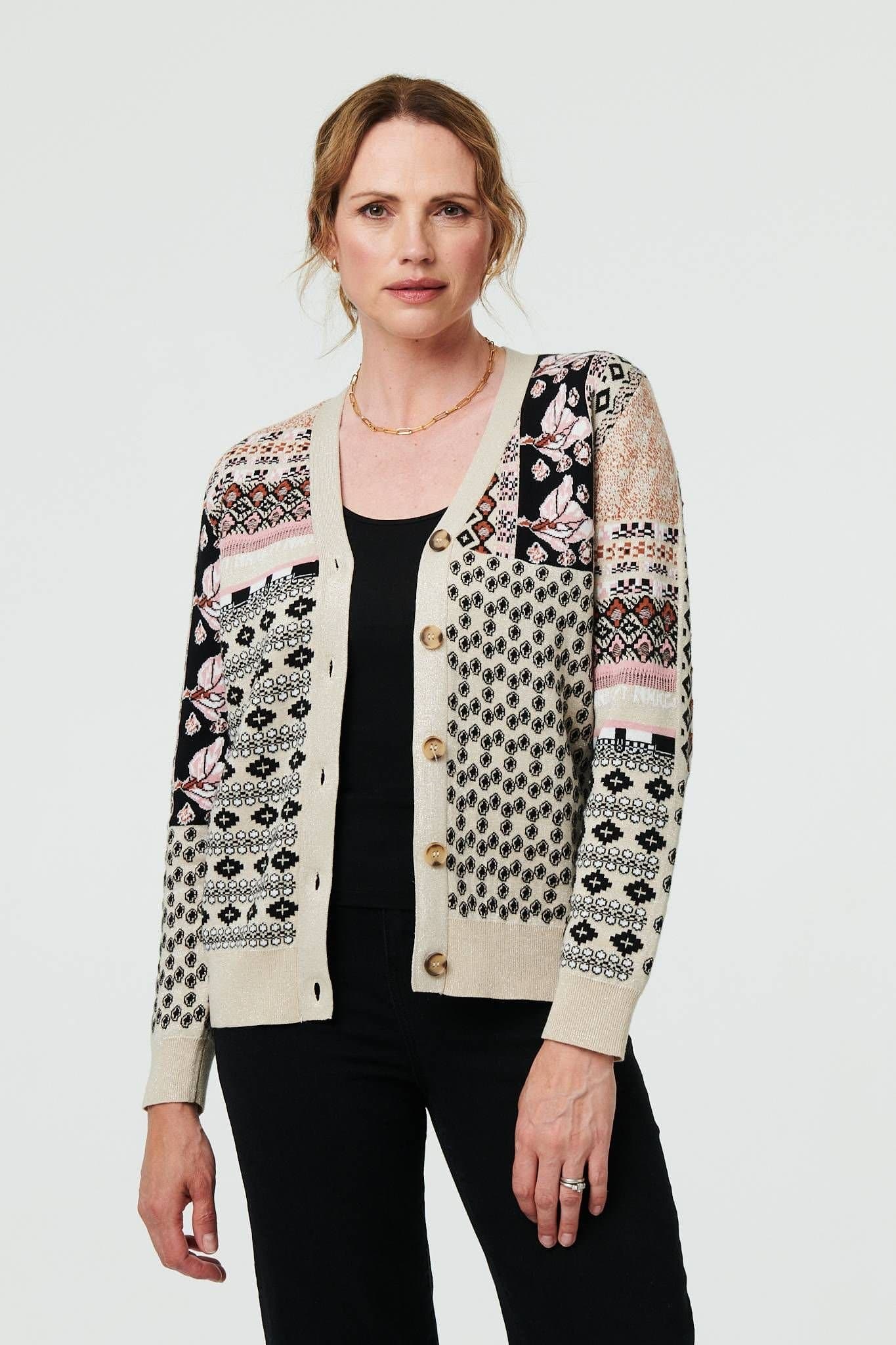 Izabel London Izabel London Women's Patchwork Print Long Sleeve Cardigan in Cream