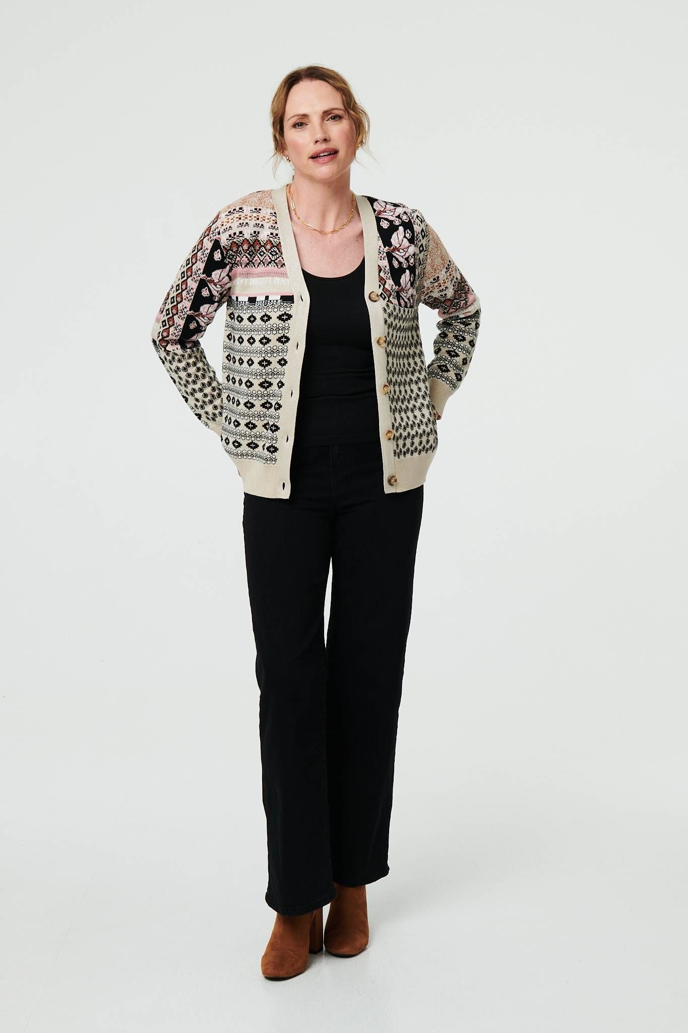 Izabel London Izabel London Women's Patchwork Print Long Sleeve Cardigan in Cream - 4