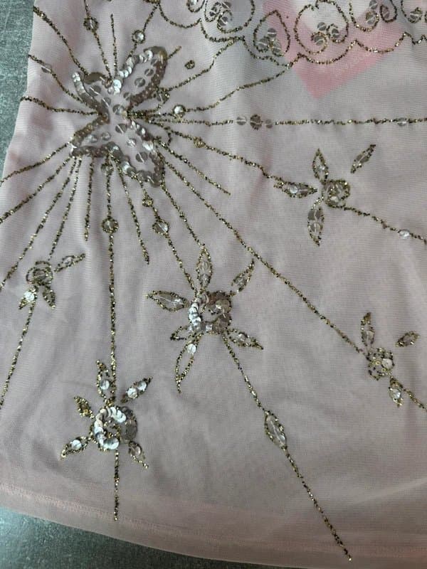 KIT y2k light pink and gold sequin embellished micro mesh deadstock cami top