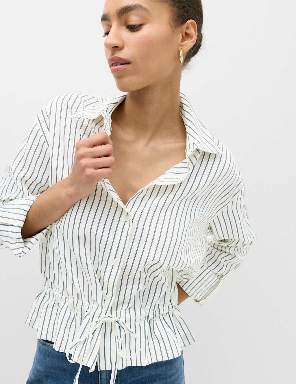 Marks & Spencer M&S Striped Drawstring Waist Shirt Ivory Mix