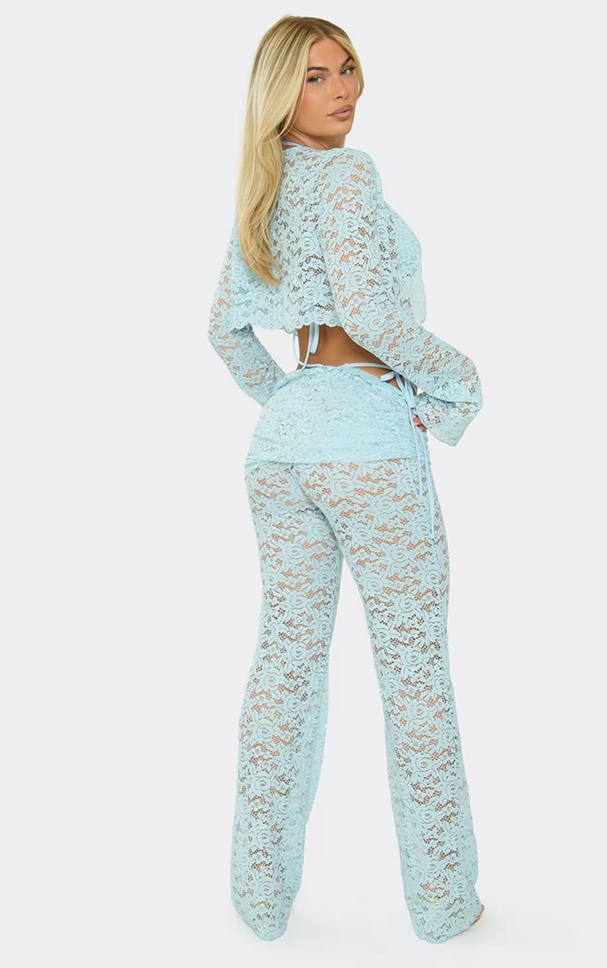 EGO Low Waist Fold Over Ruched Wide Leg Trousers In Baby Blue Lace, Women's Size UK 6