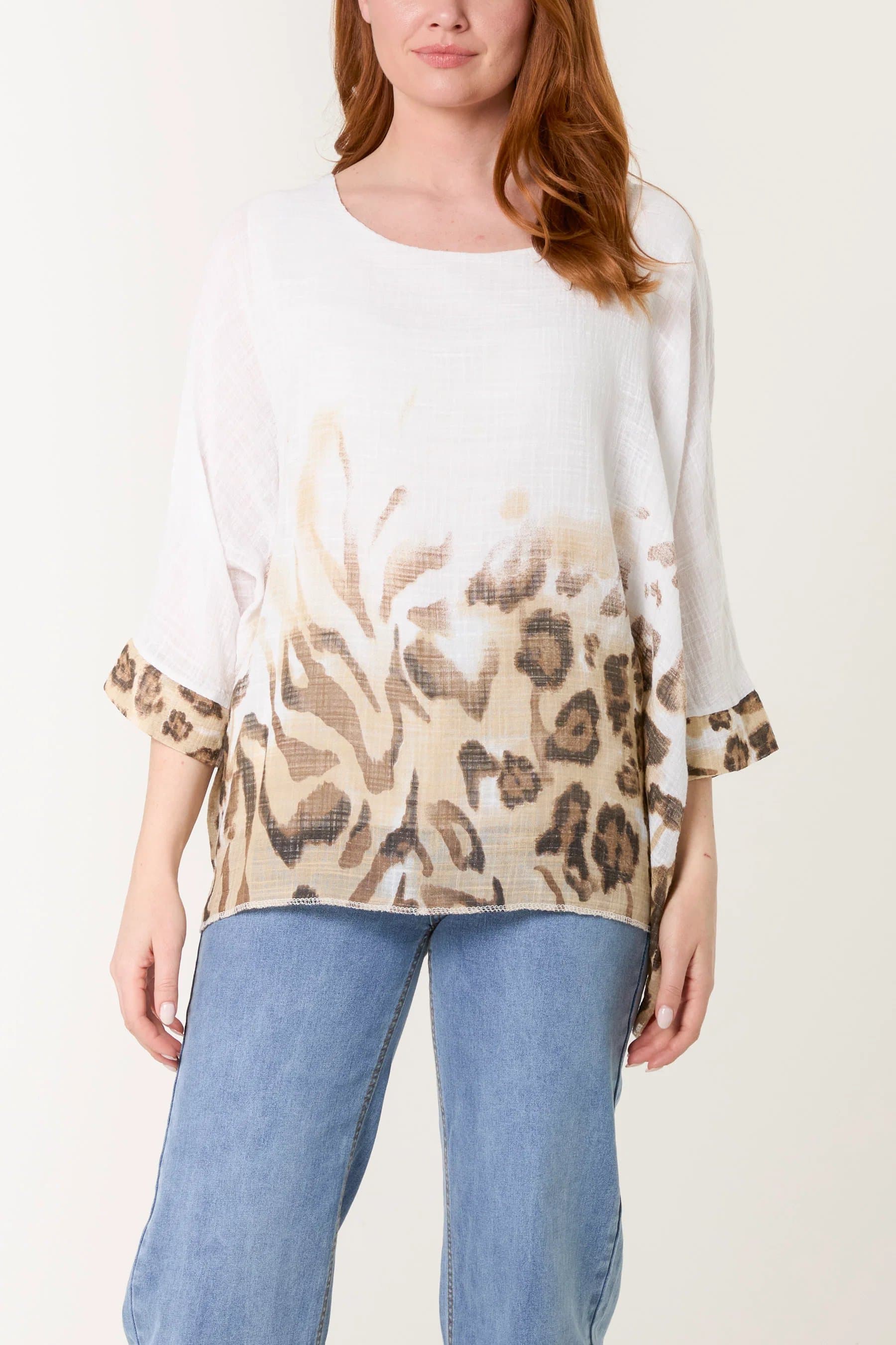 Blue Vanilla Animal Print Detail Short Sleeve Top