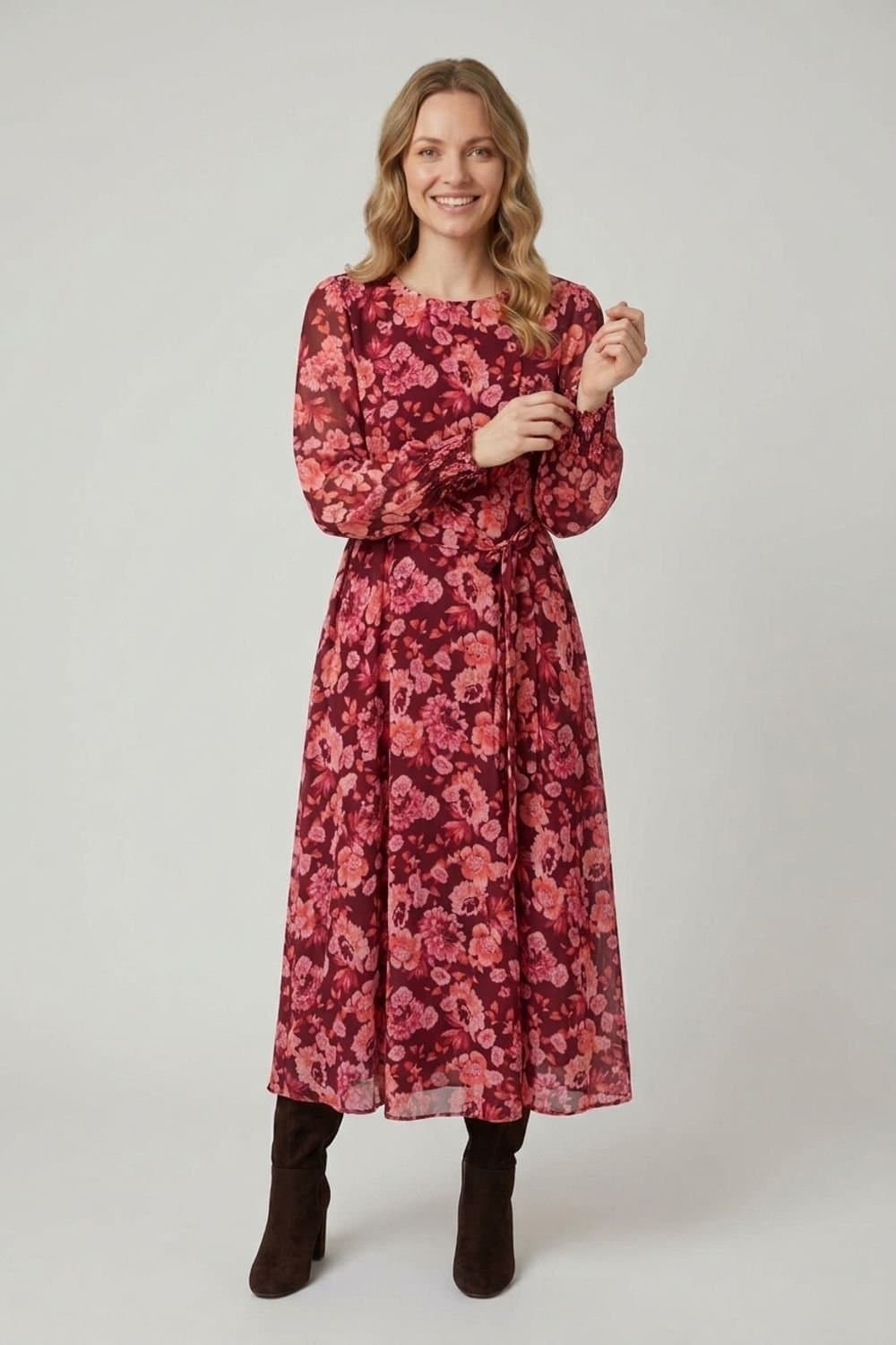 Izabel London Izabel London Women's Floral Layered Long Sleeve Maxi Dress in Red
