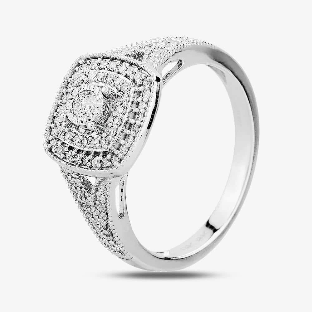 T.H.Baker T.H.Baker Women's 9ct White Gold 0.33ct Diamond Split Shouldered Cushion Cluster Ring in Silver