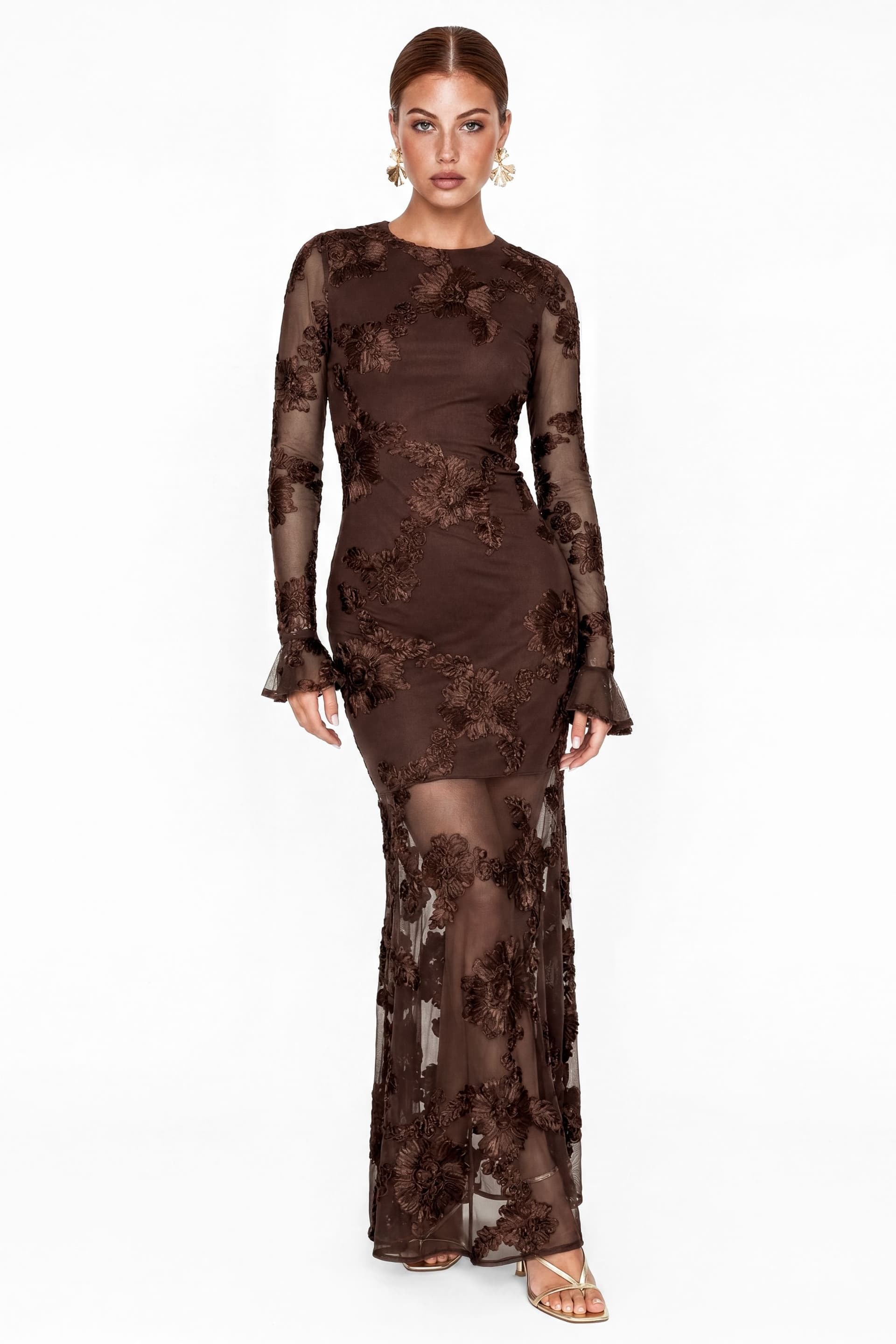 Maya Deluxe Maya Deluxe Women's 3D Floral Applique Long Sleeve Mesh Maxi Dress in Chocolate