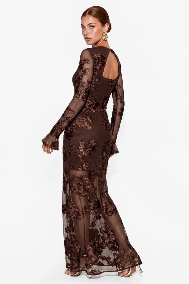 Maya Deluxe Maya Deluxe Women's 3D Floral Applique Long Sleeve Mesh Maxi Dress in Chocolate - 2