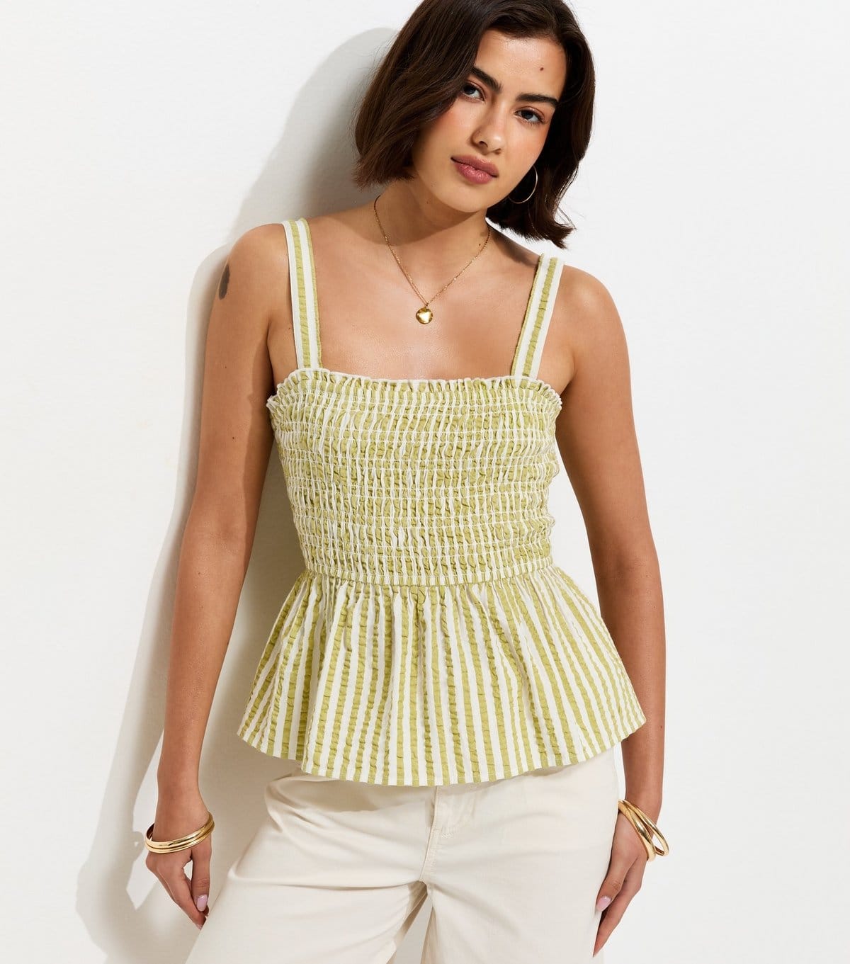 New Look Green Cotton Striped Seersucker Cami Top