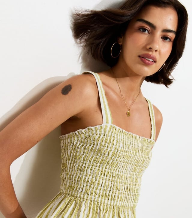 New Look Women's Green Cotton Striped Seersucker Shirred Cami Top New Look - 3