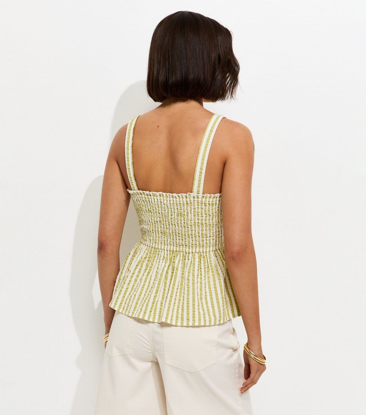 New Look Women's Green Cotton Striped Seersucker Shirred Cami Top New Look - 4