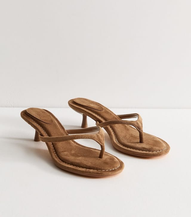 New Look Women's Tan Faux Suede Toe Post Kitten Heel Mules New Look - 2