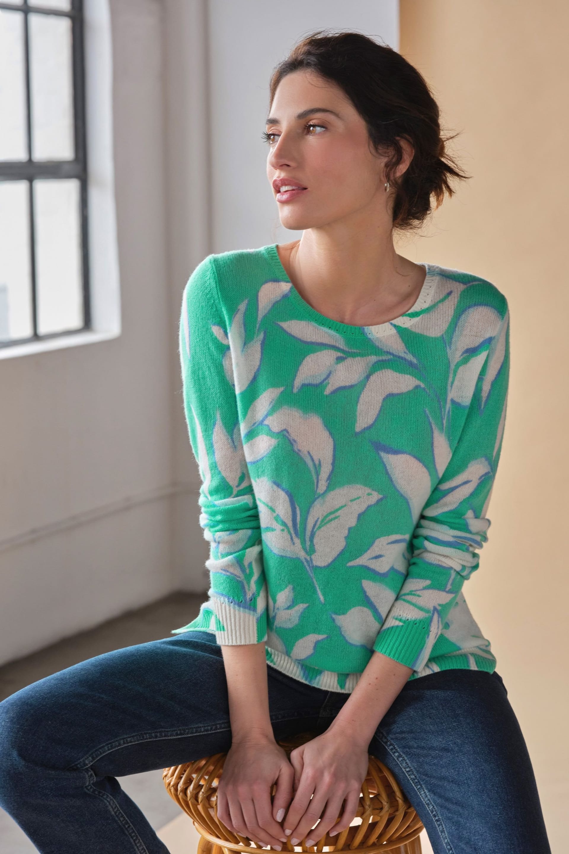 Pure Collection Green Printed Cashmere Sweater