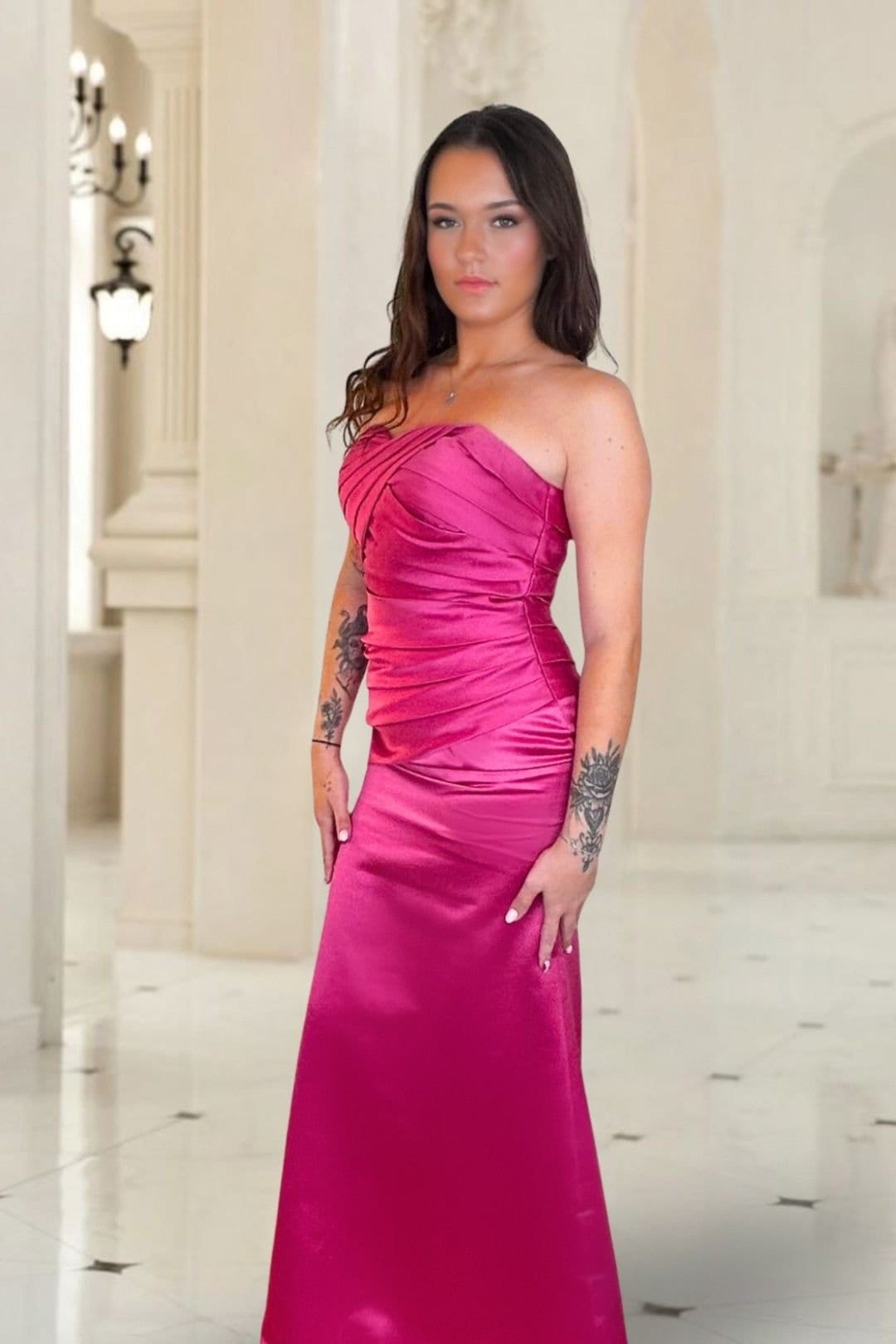 Marco Paul Bright Pink Satin Strapless Bridesmaid Dress