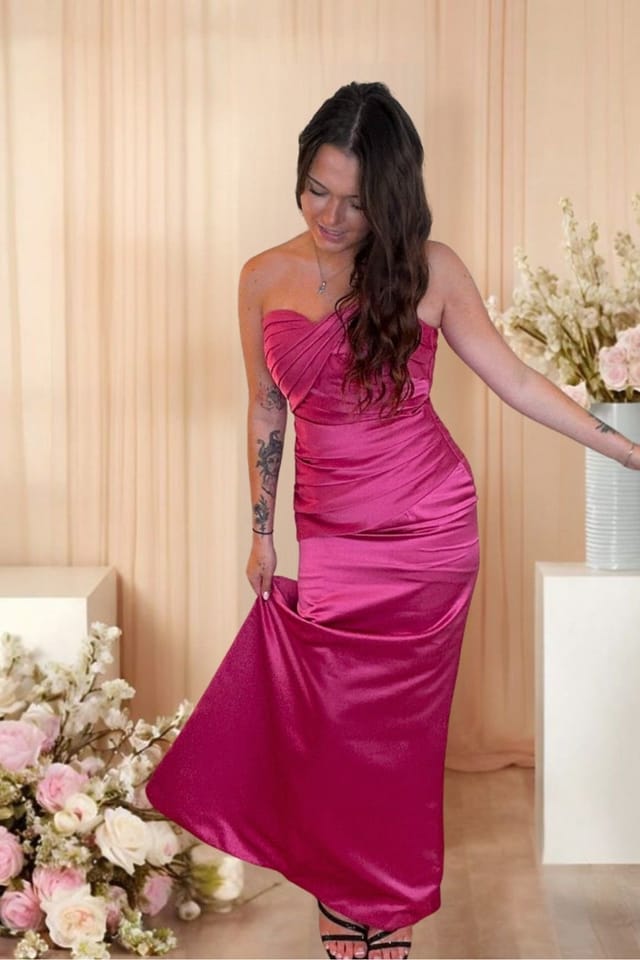 Marco Paul Marco Paul Women's Hot Pink Satin Fitted Strapless Bridesmaid Dress in Bright Pink - 2