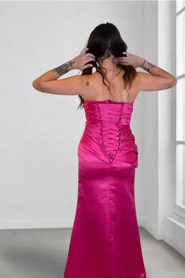 Marco Paul Marco Paul Women's Hot Pink Satin Fitted Strapless Bridesmaid Dress in Bright Pink - 3