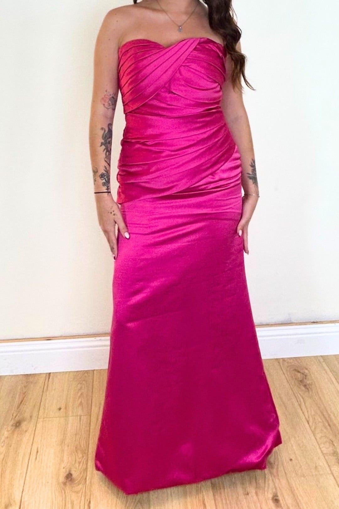 Marco Paul Marco Paul Women's Hot Pink Satin Fitted Strapless Bridesmaid Dress in Bright Pink - 4