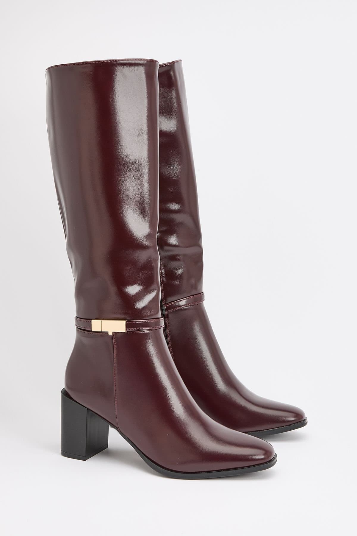 Wallis Wallis Women's Joy Faux Leather Metal Trim High Block Heel High Leg Boots in Wine